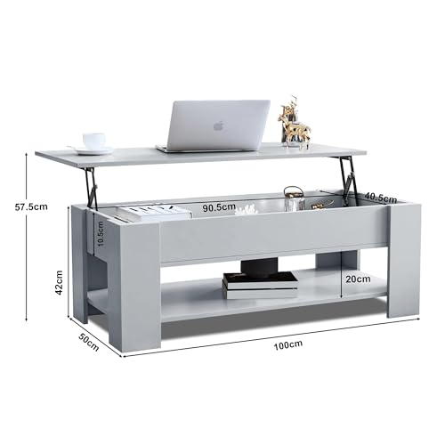 Blisswood Coffee Table With Storage, Lift Up Coffee Table For Living Room, Wooden Coffee Tables With 1 Shelf Large Hidden Storage Lift-Top Sofa End Tea Table, Grey, 100L x 50W x 42-57H cm - Image 3