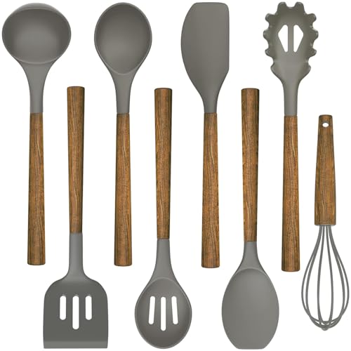 Umite Chef Silicone Cooking Utensil Set, 8-Piece Kitchen Utensils Set with Natural Acacia Wooden Handles,Food-Grade-Silicone Kitchen Gadgets and Spatula Set for Nonstick Cookware - Grey