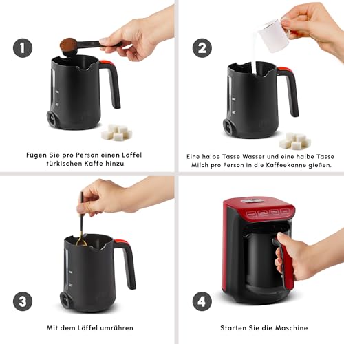 KARACA Hatır Köz Türkische Kaffeemaschine, 300 ml Kapazität, Bereitet 5 Tassen Türkischen Kaffee, Automatische Abschaltung & Temperaturregelung, Authentischer Holzkohle-Geschmack, 535W, Rot