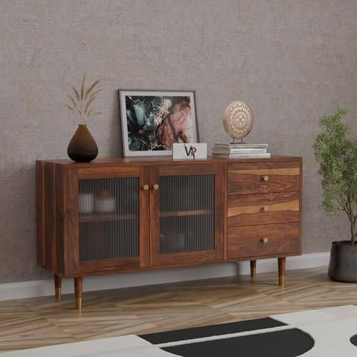 Image of VAP Solid Sheesham Wood Sideboard Cabinet with Tile Design Doors & 3 Drawers | Wooden Crockery & Buffet Storage Cabinet for Living Room & Dining Room | Modern Crockery Cabinet | Honey Finish