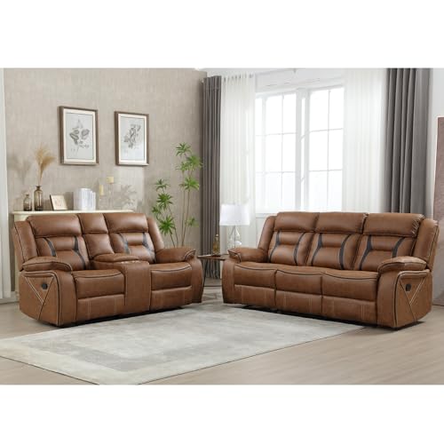 Image of EBELLO Manual Recliner Sofa Set, Faux Leather Reclining Living Room Furniture Set, Included Loveseat and 3 Seat Manual Recliner Sofa, Brown(Loveseat+Sofa)