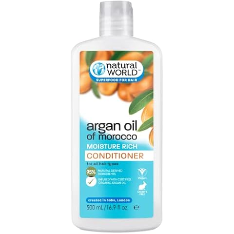 Natural World Argan Oil of Morocco Conditioner (500ml) - For all Hair Types. 95% Natural Derived Ingredients. Vegan Friendly & Cruelty Free Cover