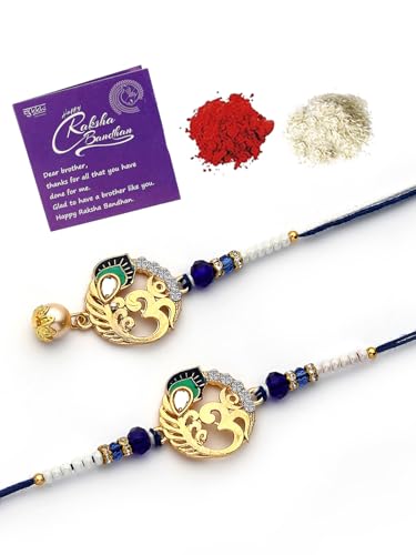 Image of Sukkhi Rakhi Creative Gold Plated with Meenakari Handwork Om Rakshabandhan Lumba Rakhi for Brother Bhaiya Bhabhi with Roli Chawal & Greeting Card|Set of 2|CBRAKL107454