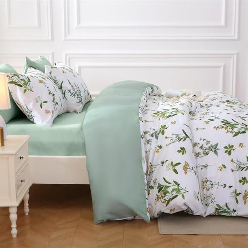 Image of MUXHOMO Bed in a Bag Queen 7 Pieces, Queen Comforter Set Reversible Green Botanical Flowers Design, Ultra Soft & Breathable Bedding Sets with Comforter, Sheets, Pillowcases & Shams