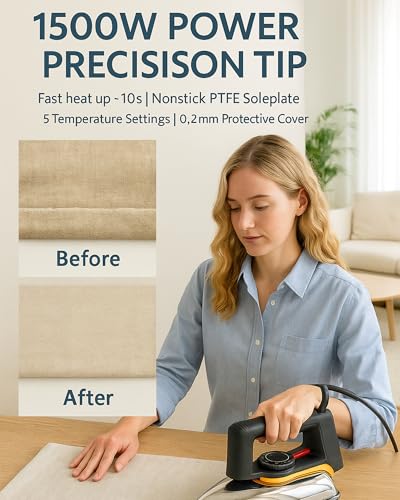 مكواة جافة 1500 واط من اليسم، مكواة سفر للملابس مع غطاء قاعدة واقية 0.2 ملم، تسخين سريع 10 ثوان، طرف دقيق للاطواق / الازرار، 5 اعدادات لدرجة الحرارة، مزيل التجاعيد