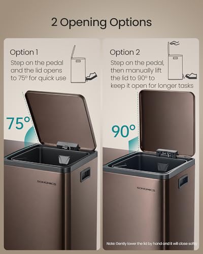 Image of SONGMICS Trash Can, Double Compartment Garbage Can, Stainless Steel | 2 X 8 Gallon (2 x 30 L) for Recycling, with 15 Liner Bags, Soft-Close Lids, Removable Buckets, Brown ULTB160MZ01