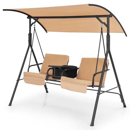 GOPLUS Balancelle Jardin 2 Places 181x124x161,5 CM, Balancelle Canopy Inclinable 240° Ajustable avec Glacière, Plateau Rotatif, Porte-gobelets, Charge 240KG, Chaise à Bascule pour Patio Cour (Marron)
