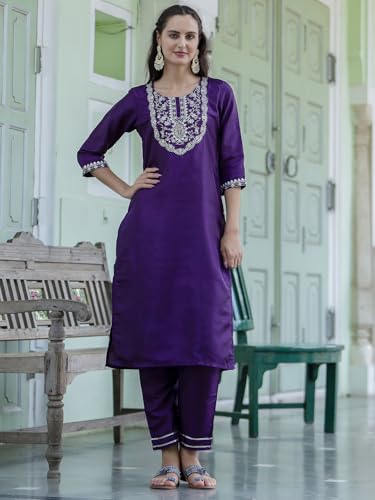 Image of VredeVogel Women's Silk Blend Embroidered Kurta with Pant & Dupatta Set