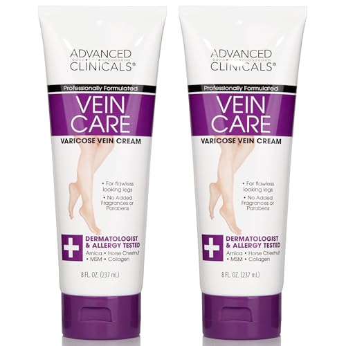 Advanced Clinicals Vein Care Leg Cream For Varicose Veins & Spider Veins, Collagen & Arnica Skin Care, 8 Fl Oz, 2-Pack