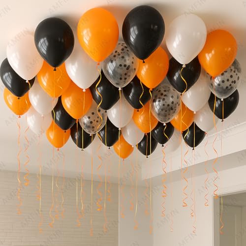 Image of AMFIN (Pack of 50) Orange, Black, White & Black Confetti Balloons with Orange Ribbon | Party Decoration Balloons for Halloween, Birthday, Anniversary, Baby Shower & Events