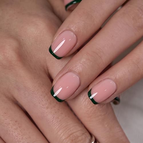 Image of CurvLife Soft Gel Square Press-On Nails Short, Reusable French Tip Fake Nails with Glue & Adhesive Tabs, 32PCS 16Size Salon-Quality Stick-On Nails for At-Home Manicure (Verdant Edge)