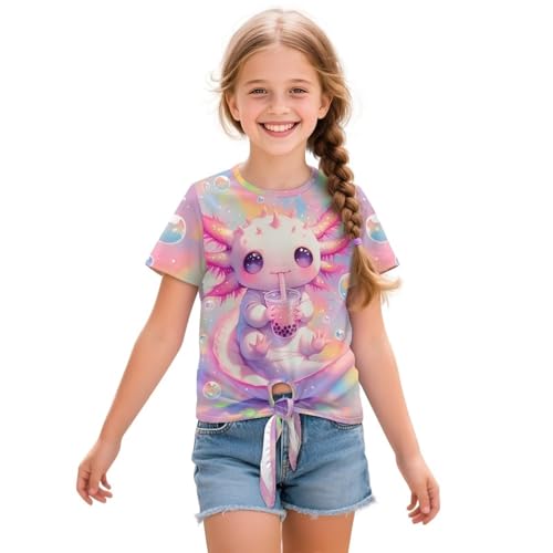 Viewamoon Cute Axolotl Tee Shirt for Girls 5-6 Bubble Tea Short Sleeve Regular Fit Trendy Tie Front Knot Design Tee Shirts Blouses Tops for Outdoor Activities