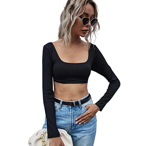 Tops de pescoço quadrado para mulheres | T-shirt sólido do pescoço quadrado,Top preto de decote quad