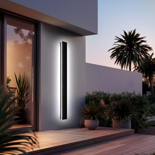 Image of AioTio 70.8in Outdoor Wall Lights, Upgraded 4.72in Wide Black Exterior Light Fixtures Wall Mount, Waterproof Modern Porch Light,Dimmable Long Strip LED Linear Outdoor Sconces Wall Lighting for House