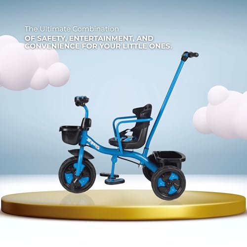 Image of ViniToys Sparx PH Baby Tricycle for Kids 1 to 5 Years with Removable Parental Control Handle, Safety Guard, Seat Belt, Footrest, Music, Storage Baskets and Wide Grip Wheels (Blue, Sparx PH)