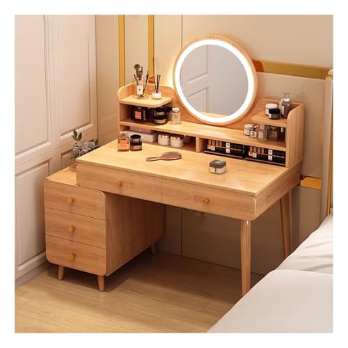 Tocador iluminado LED con 5 cajones y 2 compartimentos abiertos, brillo ajustable para maquillaje, muebles modernos de dormitorio para mujer