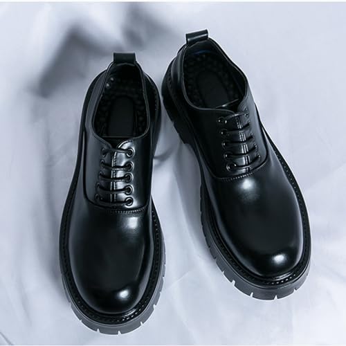 Image of Men's Polishing Leather Lace-Up Chunky Heels Oxfords Lug Sole Fashion Round Toe Formal Business Shoes Comfortable Non-Slip Walking Sneakers