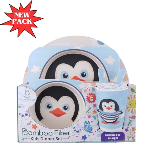 Image of Bamboo Kids Feeding Set of 5|Kids Crockery Set Tableware |Baby Utensils and Dishes Set | Eco-Friendly |Organic & Natural (Plucky Peguin)
