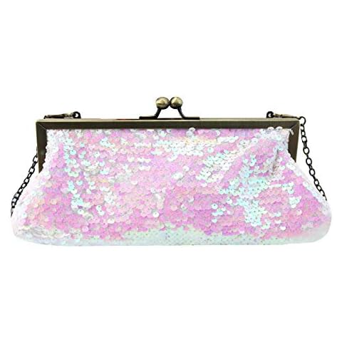 Felice Ann Glitter Mermaid Kissing Lock Sequin Evening Clutch Prom Party Handbag Chain Strap Crossbody Bag White Cover