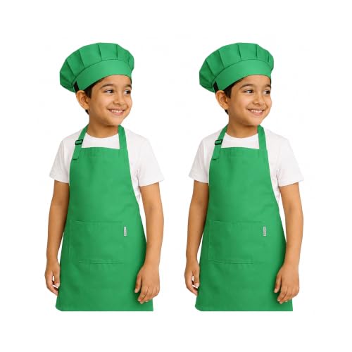 Image of uniformer Kids Apron with Chef Cap for Cooking, Baking, Painting Art & Crafts | Adjustable Child Apron with 2 Pockets | Great for Kitchen, School