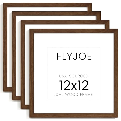 Image of FLYJOE 12x12 Oak Wood Square Picture Frame with Mat for 8x8, 12 by 12 USA-Sourced Natural Solid Wooden Photo Frame for Wall, Shatterproof Plexiglass, Hanging Hardware Included, 4 Pack, Walnut Color