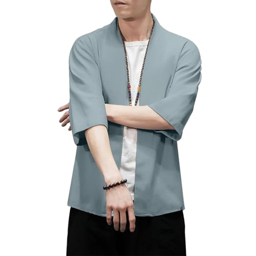 Image of PRIJOUHE Men's Kimono Jackets Cardigan Lightweight Casual Cotton Blends Linen Seven Sleeves Open Front Coat Outwear