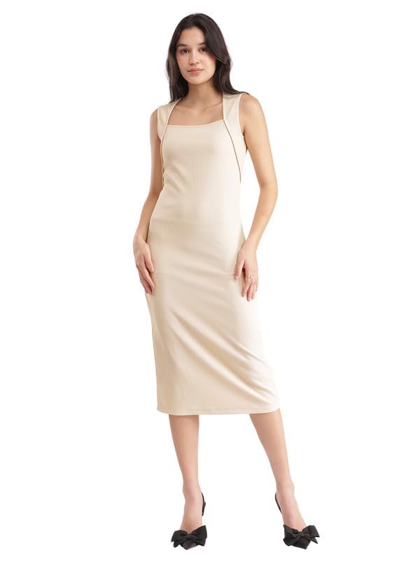FableStreet Bodycon Knitted Dress – Beige