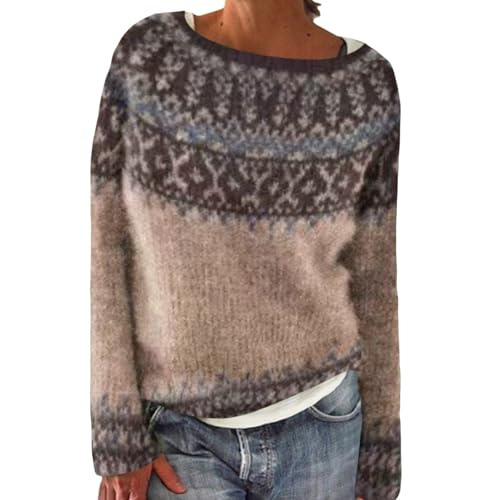 Womens Fair Isle Sweaters Vintage Sweater Ribbed Knit Colorful Crew Neck Long Sleeve Oversized Pullover Jumper Tops