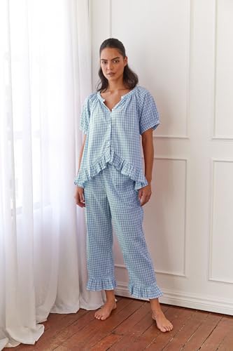 Argeousgor Women Plaid 2 Piece Pajama Set Button Down Puff Sleeve Babydoll Shirt Gingham Pants Pj Lounge Set Sleepwear2