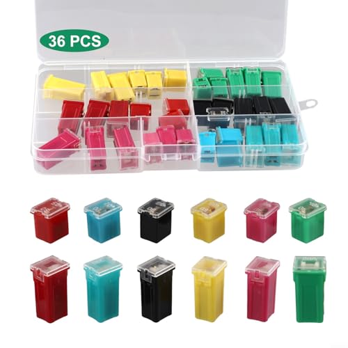 Kit de 36 fusibles para automóvil: perfil alto y bajo, 20 A a 80 A, aleación de cobre resistente al fuego, con caja de almacenamiento para camionetas Ford, autos y SUV miniatura 3