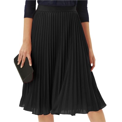 Womens Midi Skirt Elastic High Waist Pleated Chiffon Skirt Swing Flowy A-Line Skirts Casual Beach Vacation Clothes
