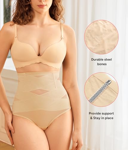 KUMAYES Tummy Control Shapewear Thong for Women - High Waisted Thong Compression Underwear Body Shaper Girdle Panty 2 Pack4