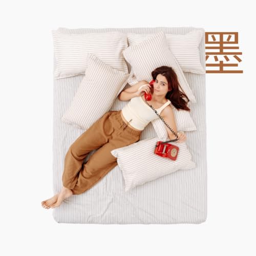 Image of Haus & Kinder Double Bed Bedsheet 90 x 100 | 186 TC Pure Cotton Bed Sheet Double Bed with 2 Pillow Covers | Queen Size Bed Sheet | Sumi Stripe Ink