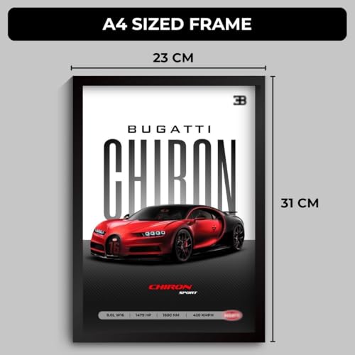Image of Bugatti Chiron Poster | Framed Bugatti A4 Sized (31 x 23 cm) | Chiron Car Poster for Wall, Gift for Boys, Hypercar Frames | Dream Car Posters for Wall, Bedroom, Hostel, Study Area, Hostel (F 036)