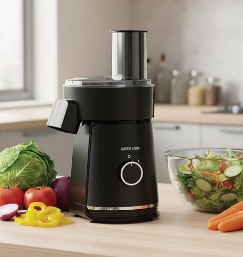 جرين ليون ماكينة صنع سلطة كهربائية 6 في 1، قطاعة خضروات 200 واط مع غطاء مغلق امان، قطاعة بصل مع 6 شفرات من الستانلس ستيل، مبشرة متعددة، 900 مل، قطاعة كهربائية سهلة التنظيف