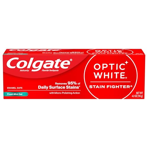 Image of Colgate Optic White Stain Fighter Teeth Whitening Toothpaste, Anticavity Fluoride Toothpaste for Whitening Teeth, Helps Remove Daily Surface Stains, Fresh Mint, 4.2 oz