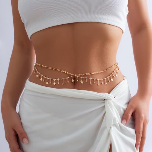 Image of Shining Diva Fashion Stylish Waist Belt Belly Chain for Women and Girls Sexy Hip Dresses Western Kamarbandh Saree Kamar Band Bandh Kamarband Crystal Studded Adjustable Body Chains Multilayered Bikini Jewelry Kamarchain Beach Wear