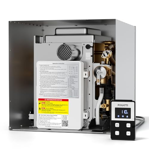 FOGATTI RV Tankless Water Heater, 3 Door Size Options (15'x15'/15'x18'/18'x18') for Easy Retrofit, 12V DC Power, Remote Controller, Propane, Ideal for RV Families & Campers, InstaShower 8 Plus
