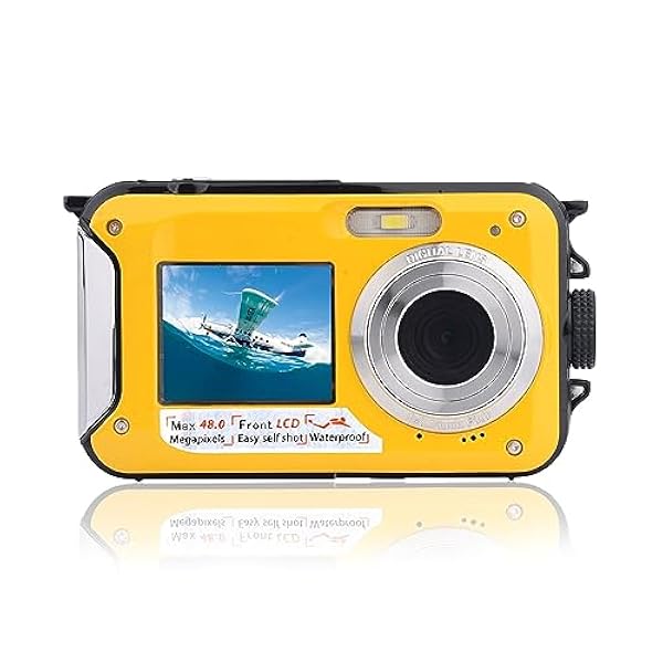 Fotocamera Digitale Impermeabile 10 Piedi Doppio Schermo Zoom Digitale 16X Full HD 2.7K 48MP per Nuoto Immersioni Surf Fiume Ruscello Oceano Paesaggio Parco Acquatico Fotografia(Giallo)