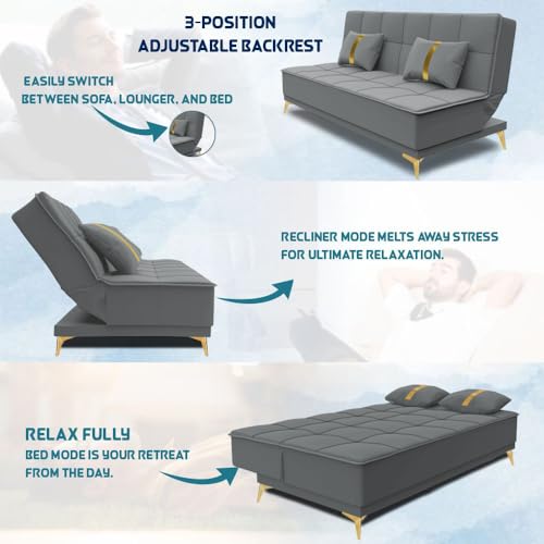 Image of Adorn India Premium New Alyssum 3 Seater Sofa Cum Bed 4X6 Velvet Suede with 2 Cushions (Color Grey) and Suitable for All Indoor, with 3 Years Warranty