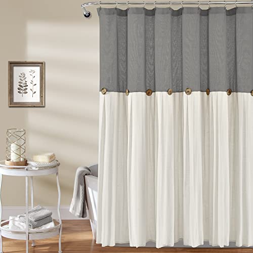 Image of Lush Decor Linen Button Shower Curtain, 72 inch W x 72 inch L, Dark Gray & Off White - Gray Shower Curtain Fabric - Bathroom Curtain - Farmhouse Bathroom Decor