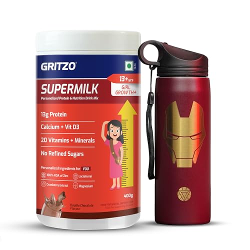 Image of Gritzo SuperMilk Growth+ (13+y Girls), 13g Protein Powder (Double Chocolate, 400g) with Iron Man Sipper Bottle (Red, 700ml)