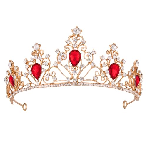 Vofler Queen of Hearts Costume Crown, Gold Red Tiara Evil Queen Ruby Rubies Accessories Heart Headband for Scarlet Witch Glinda Princess Belle Evie Adult Women Woman Girl Sexy Bride Halloween Party
