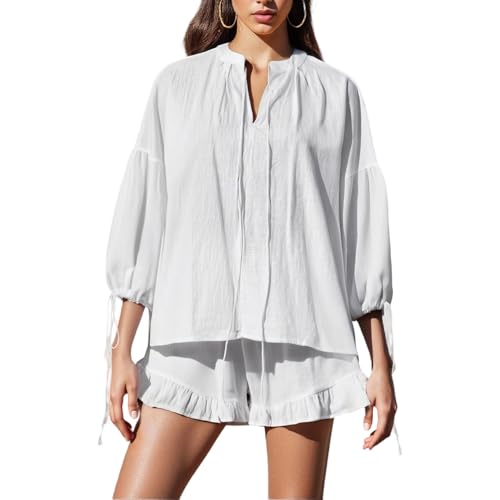 Mxiqqpltky Linen Shorts Sets Women 2 Piece Outfits Long Sleeve Tie Front Tops and Ruffled Boxer Shorts Matching Lounge Sets2
