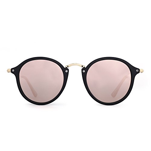 JIM HALO Gafas de Sol Polarizadas Retro Redondas Lentes de Espejo Pequeño Circulo Tintado Hombre Mujer(Negro Mate/Rosa Espejo Polarizado)