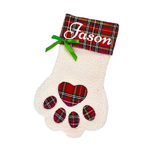 Personalized Christmas Stocking for Dogs, Customized Dog Pet Paws with Name, White Faux Sherpa with Red Plaid Cuff & Dog Bone Accents, Perfect for Festive Christmas Fireplace Hanging Decorations