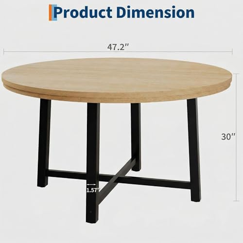 Image of IDEALHOUSE 47 inch Round Dining Table for 4, Kitchen Dining Room Table with Sturdy Metal Frame, Wood Circle Kitchen Table for Space Saving -Burlywood