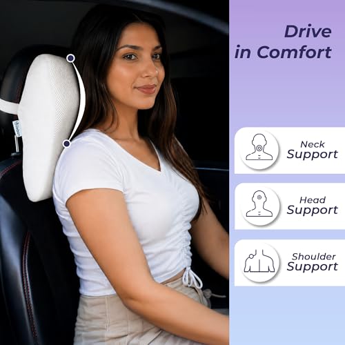Image of Billebon Memory Foam Car Neck Pillow | Universal Headrest Cushion| Mesh Soft Fabric Hybrid| Adjustable Strap Buckle| Removable Cover| Orthopaedic Neck Support| Driving Comfort Pain Relief (Pack of 2)