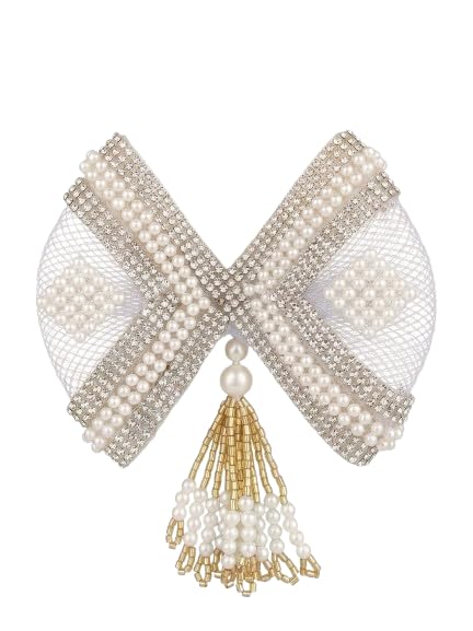 Elegant Pearl and Rhinestone Bow Brooch for Women Decorative Tassel Bow Pin Crystal Embellished Fashion Accessory for Saree Dress Coat and Gift Wear-image-0