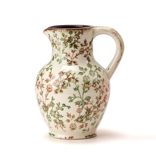 SIDUCAL Ceramic Vase with Handle, Vintage Vase, Chinoiserie Floral Vase for Home Decor, Table, Living Room, Shelf, Christmas Decoration (Green and Beige)
